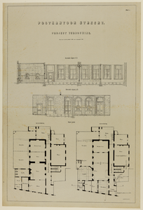 217599 Doorsneden en plattegronden van het te verbouwen postkantoor (Achter de Dom 14) te Utrecht.